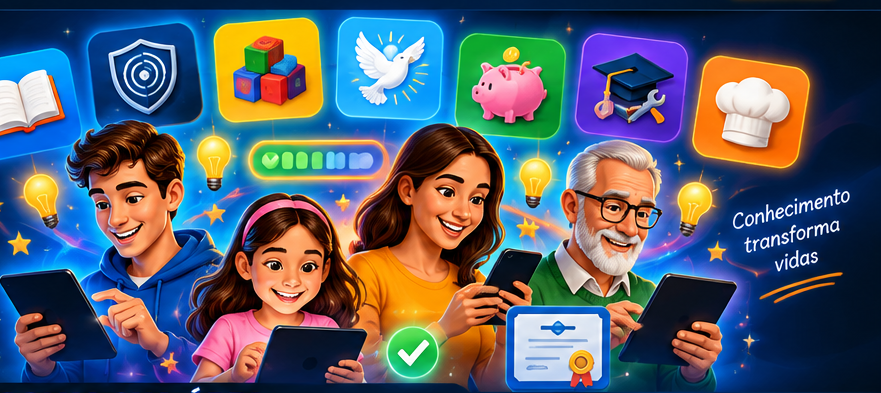Pessoas de diferentes idades aprendendo com celulares e tablets